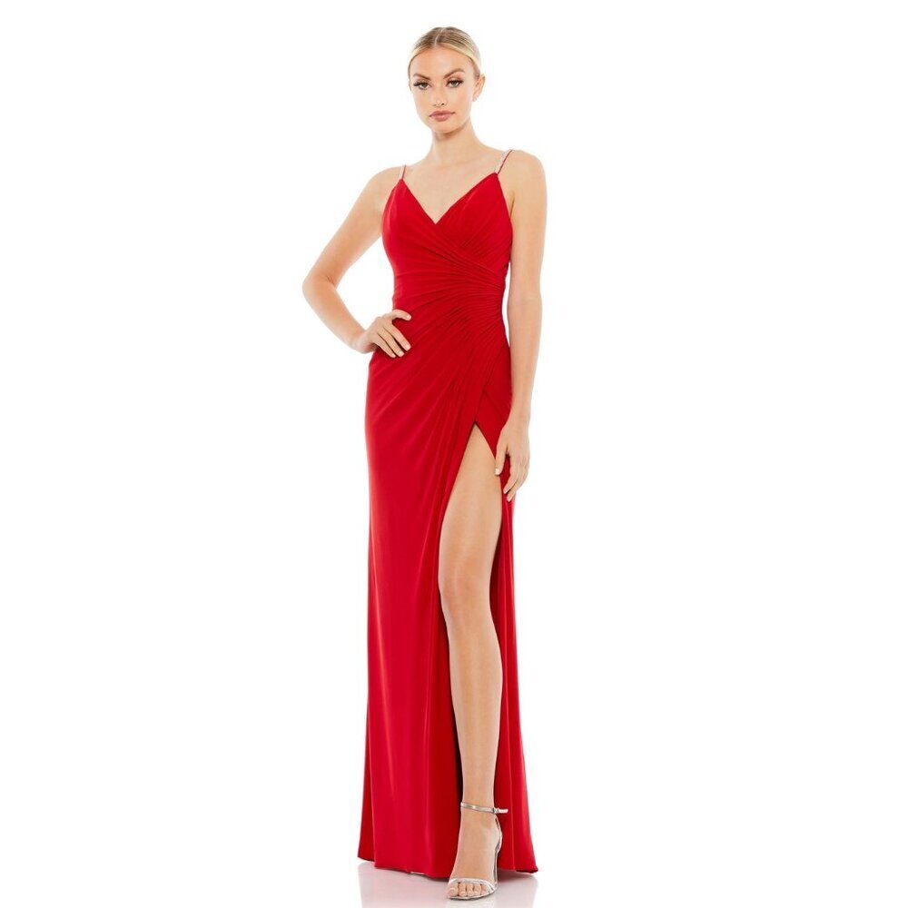 NWT MAC DUGGAL Faux Wrap V Neck Open Back Gown Red 14
